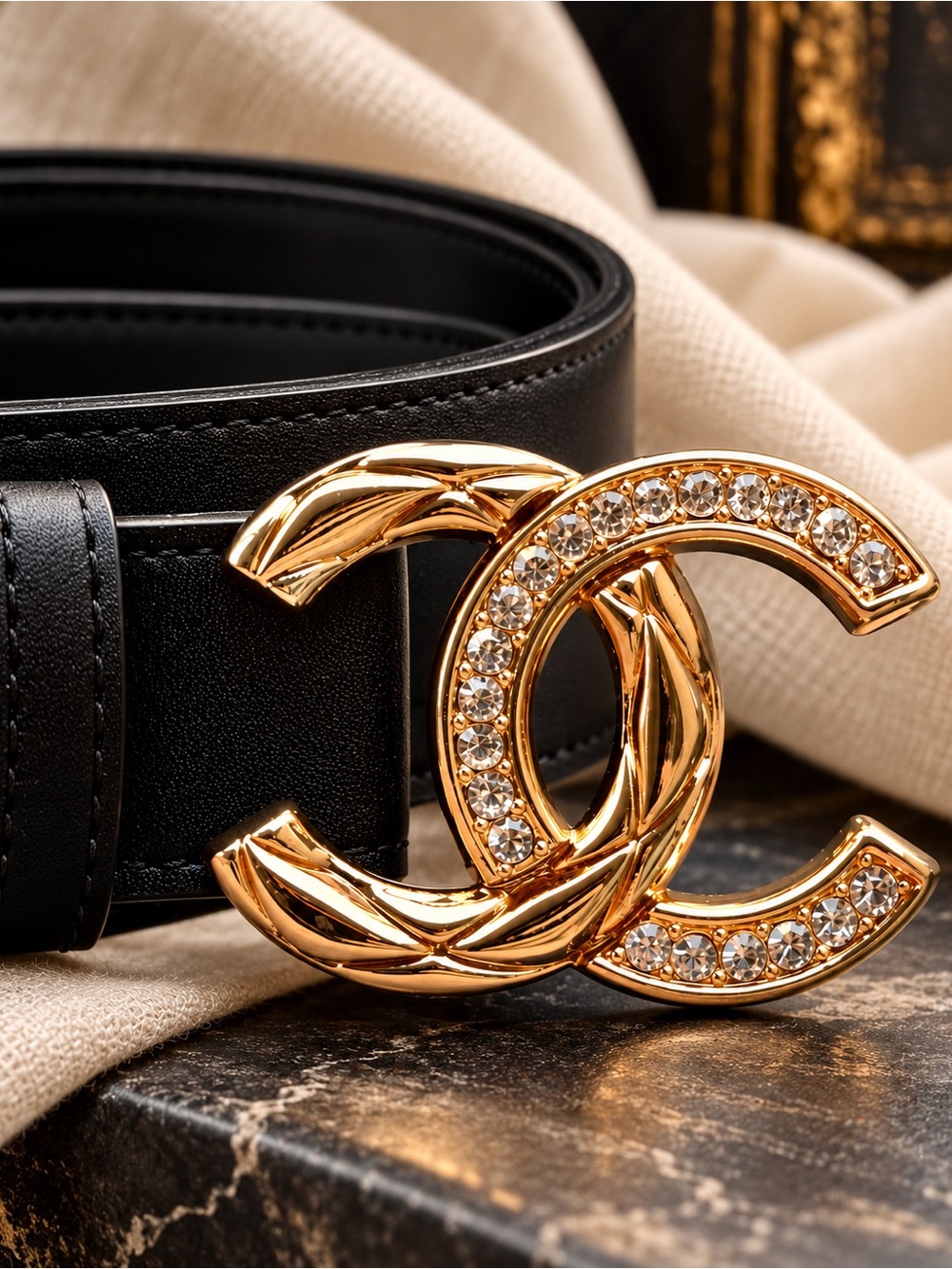 Chanel Inspired Black Belt Gold CC Buckle Crystal CZ Statement Quilt 39.25” - Picture 2 of 9